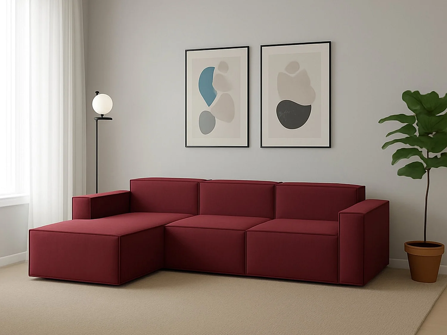 Sofá fixo Jessica, sofá modular de 3 lugares com península esquerda, 100% Fabricado na Itália, Sofá de tecido moderno, 300x170h70 cm, Vermelho