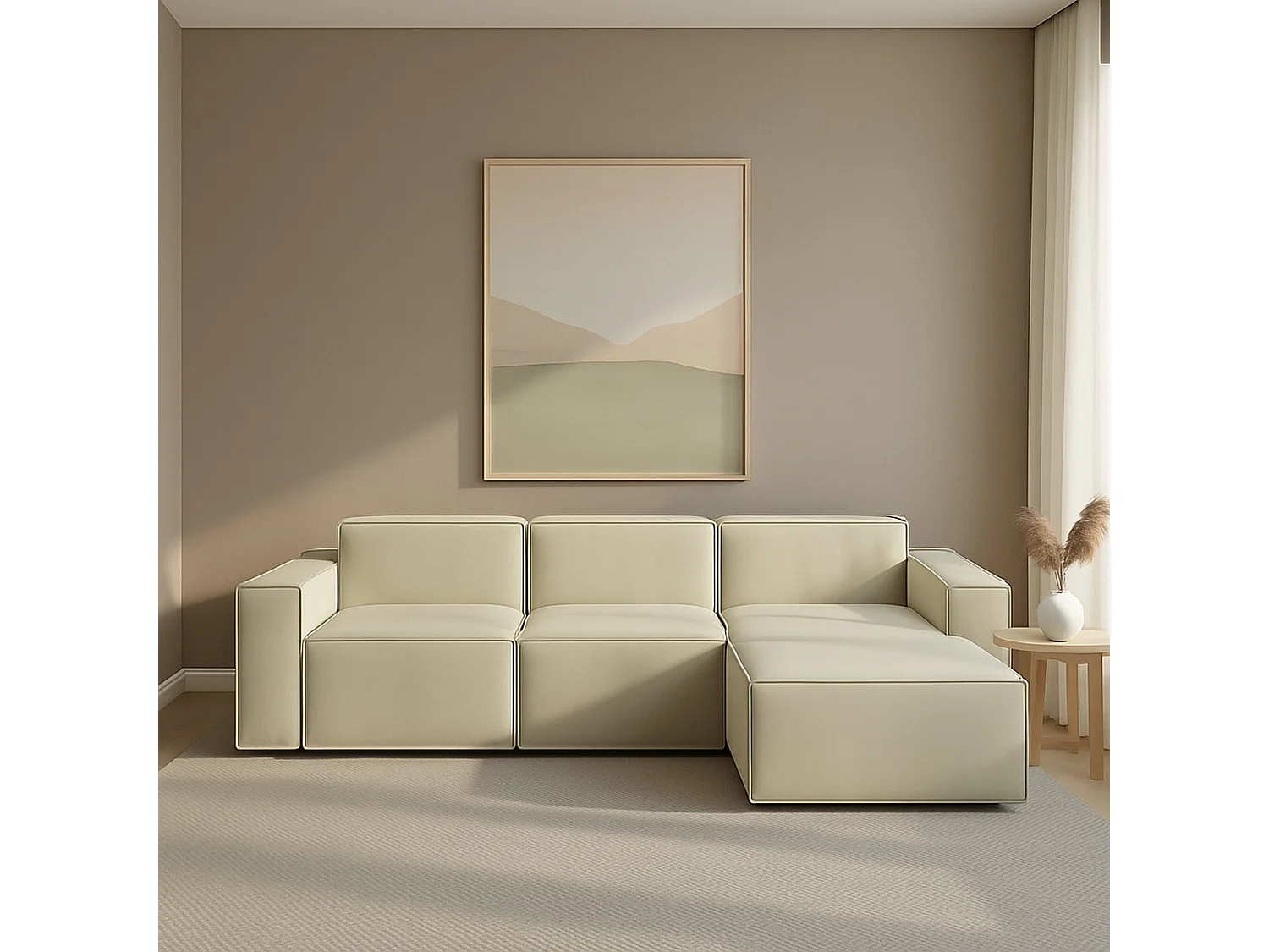 Divano fisso Giovanna, Divano componibile a 3 posti con penisola destra, 100% Made in Italy, Sofà moderno in tessuto, Cm 300x170h70, Beige