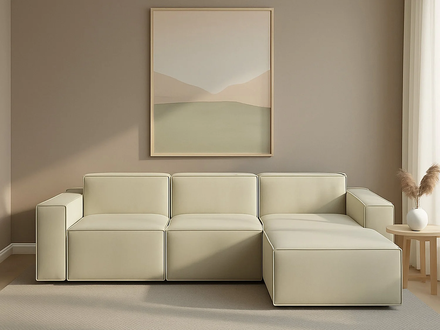 Divano fisso Giovanna, Divano componibile a 3 posti con penisola destra, 100% Made in Italy, Sofà moderno in tessuto, Cm 300x170h70, Beige