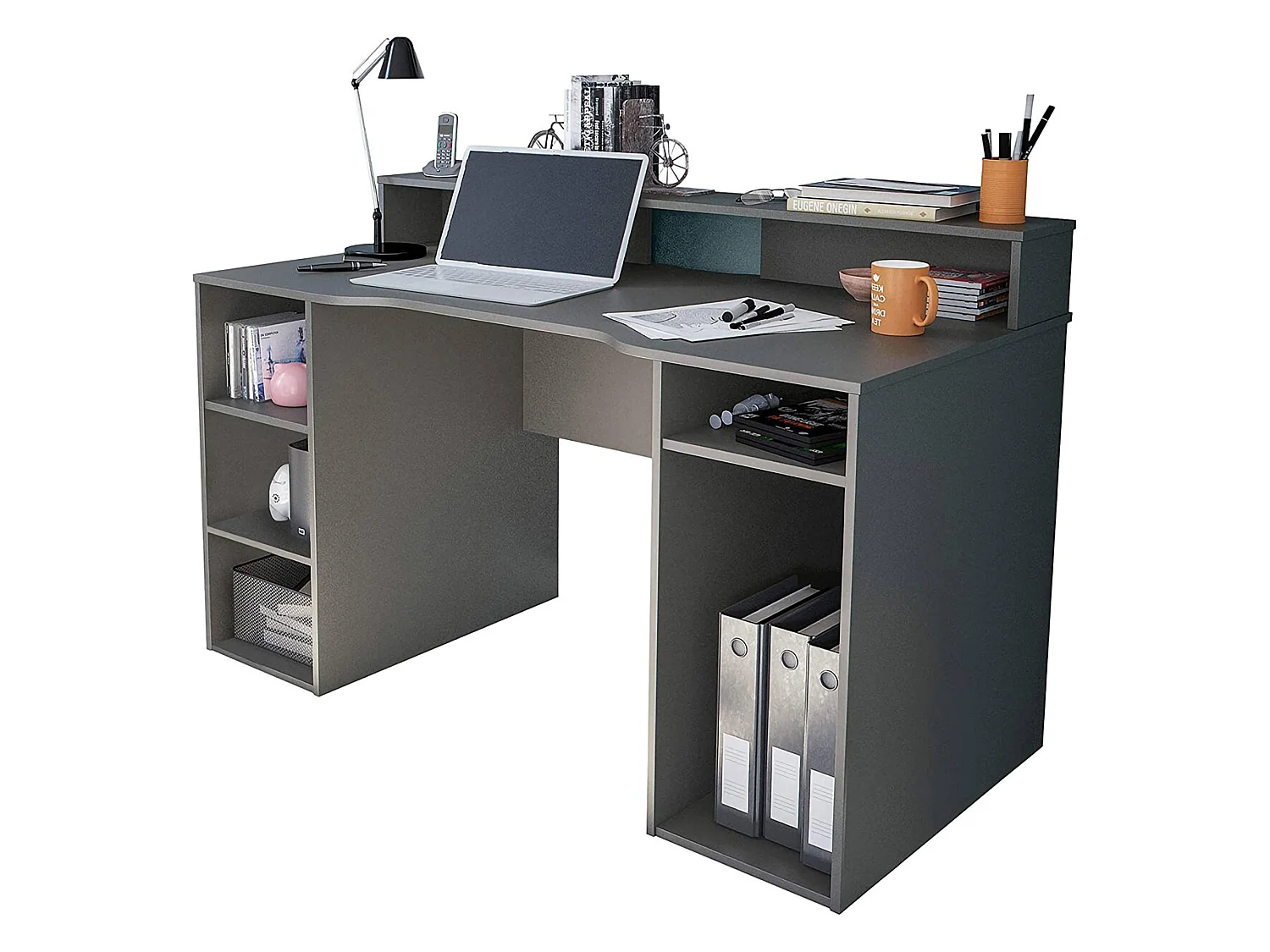 Bureau Dlucum, Bureau de jeu multifonction moderne, Table d'étude pour PC et support CD, Table d'étude avec étagères, 136x67h88 cm, Anthracite