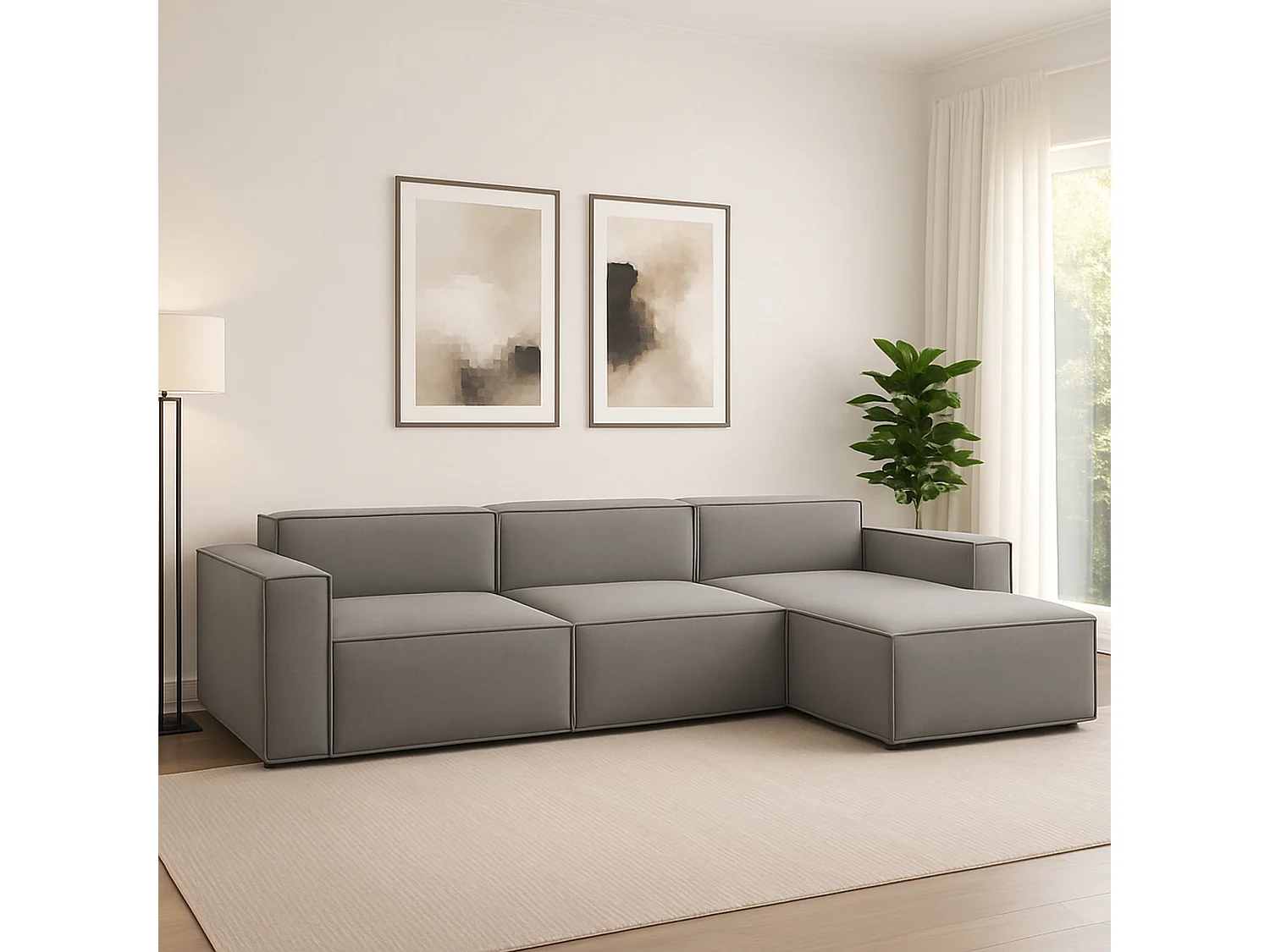 Canapé fixe Dmaiol, canapé modulable 4 places avec péninsule droite, 100% Made in Italy, Canapé moderne en tissu, 340x170h70 cm, Gris