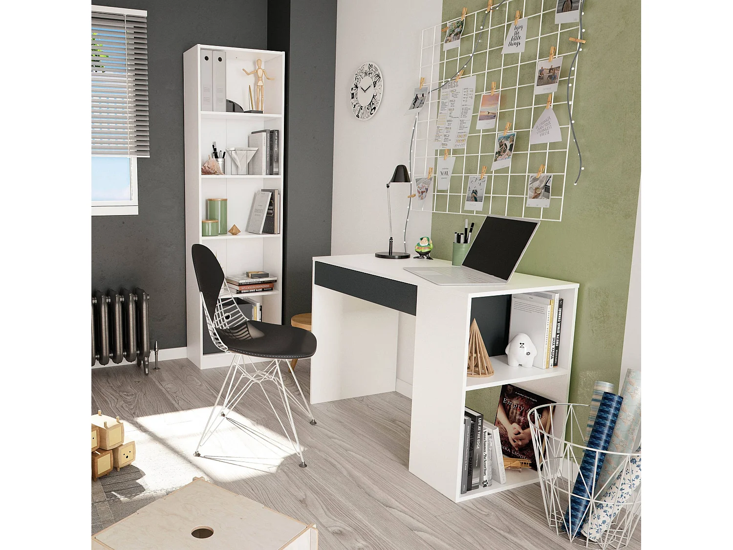 Escritorio Danani, Escritorio reversible con cajón, Mesa de estudio u oficina para PC, 101x50h73 cm, Blanco y Antracita