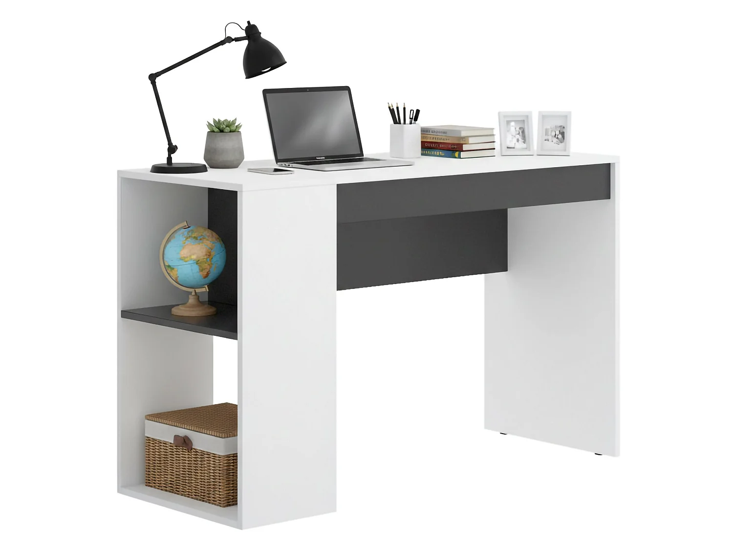 Bureau Grigna, Bureau polyvalent pour bureau ou chambre, Table d'étude linéaire avec étagères, 115x50h74 cm, Blanc et Anthracite