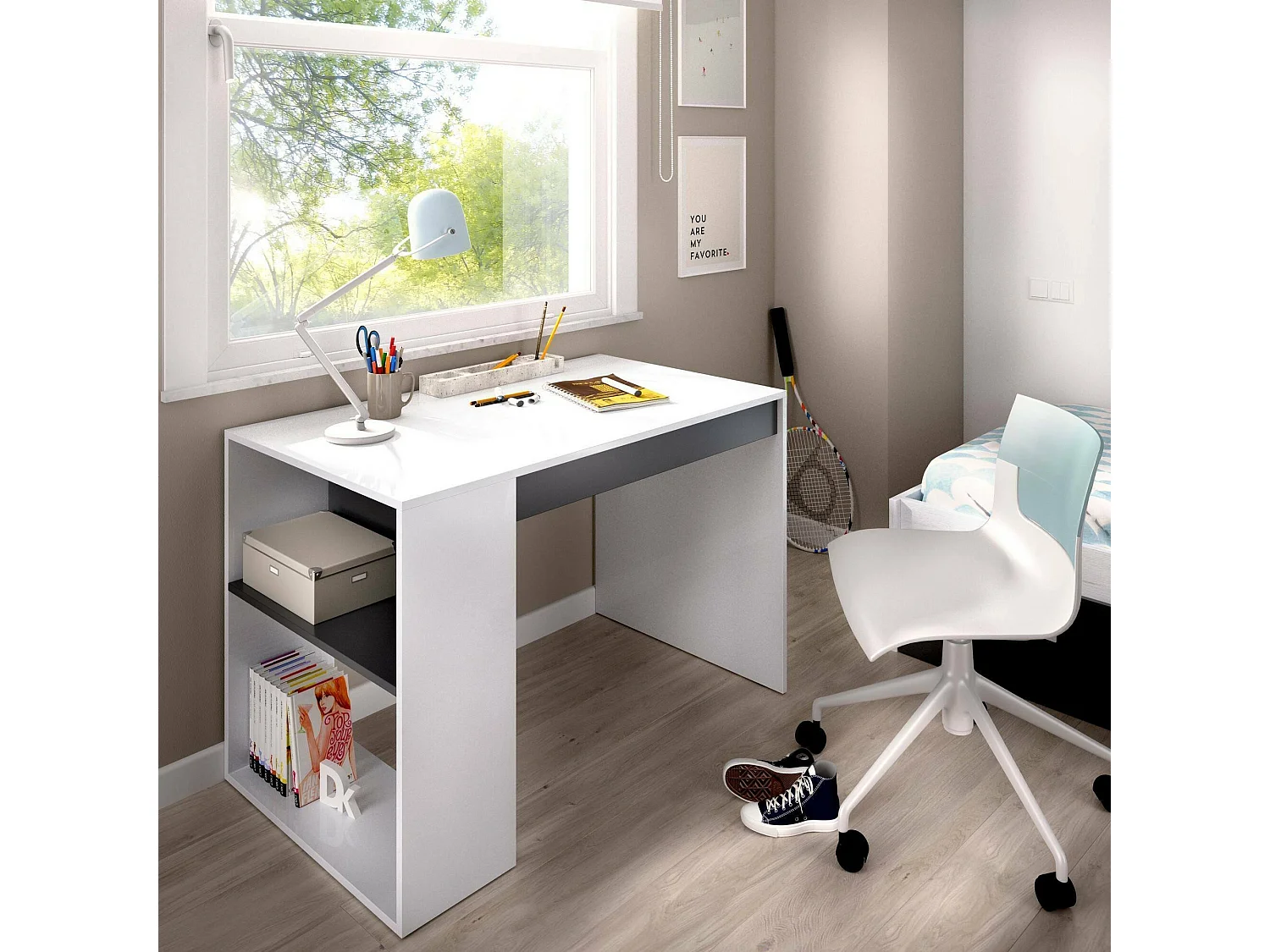 Bureau Dfalc, Bureau polyvalent pour bureau ou chambre, Table d'étude linéaire avec étagères, 115x50h74 cm, Blanc et Anthracite