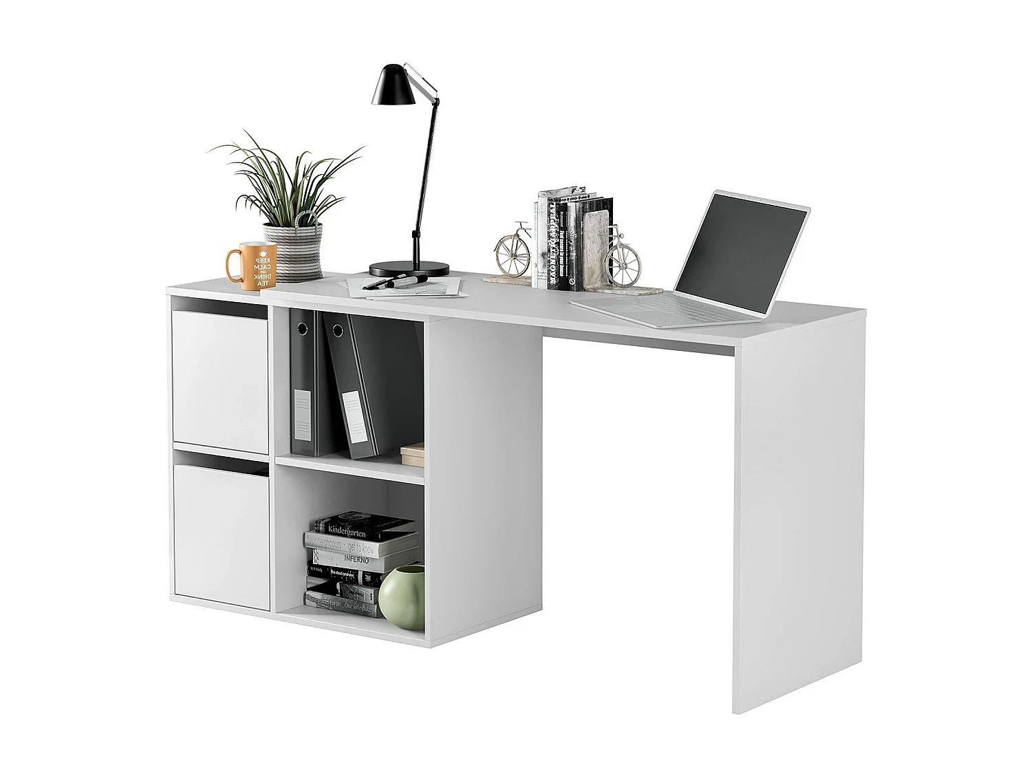 Bureau Milwaukee, Bureau multifonction modulaire avec étagère, Table d'étude ou de bureau multi-positions avec montage en coin, 152x49h74 cm, Blanc