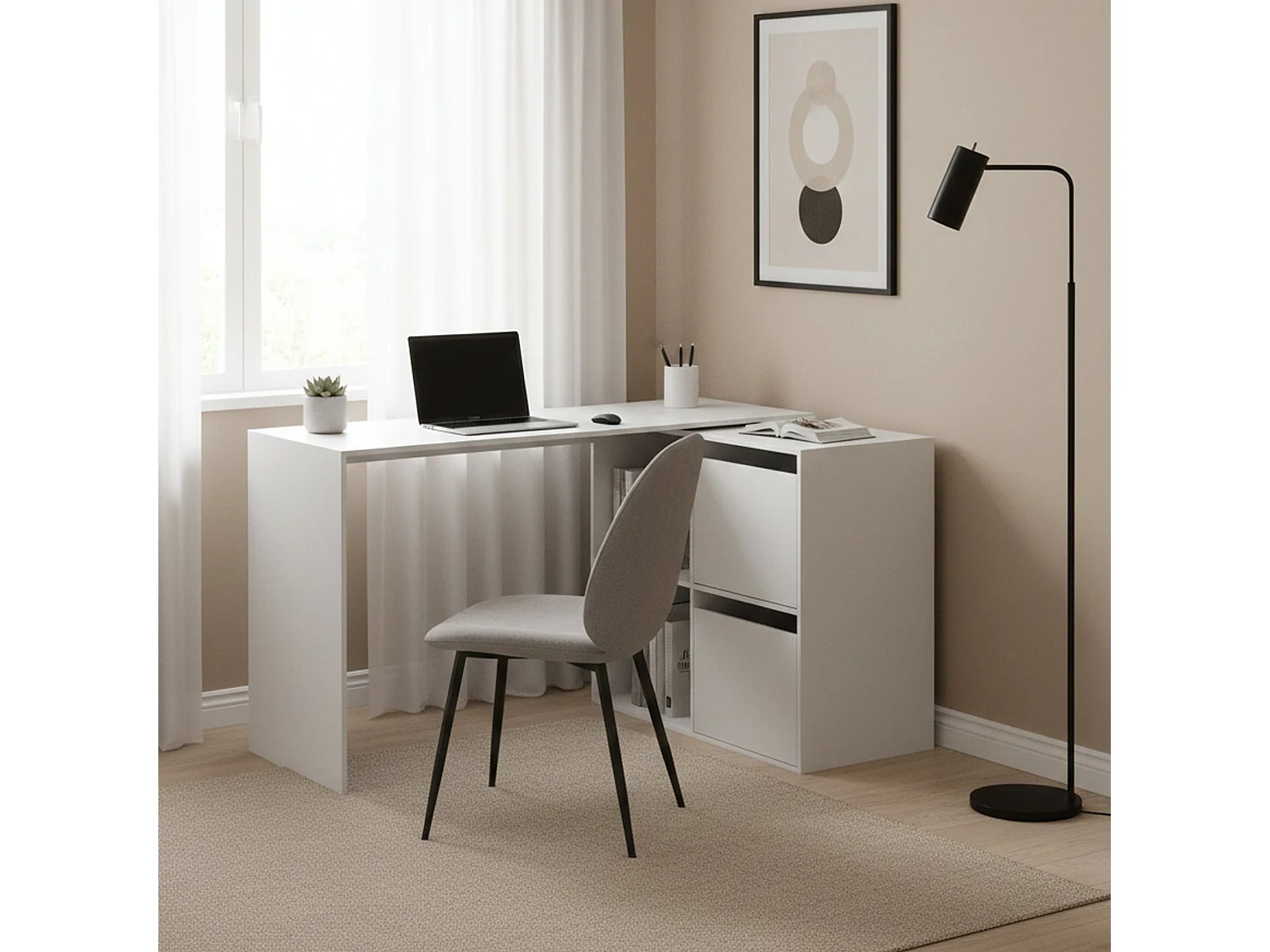 Bureau Milwaukee, Bureau multifonction modulaire avec étagère, Table d'étude ou de bureau multi-positions avec montage en coin, 152x49h74 cm, Blanc