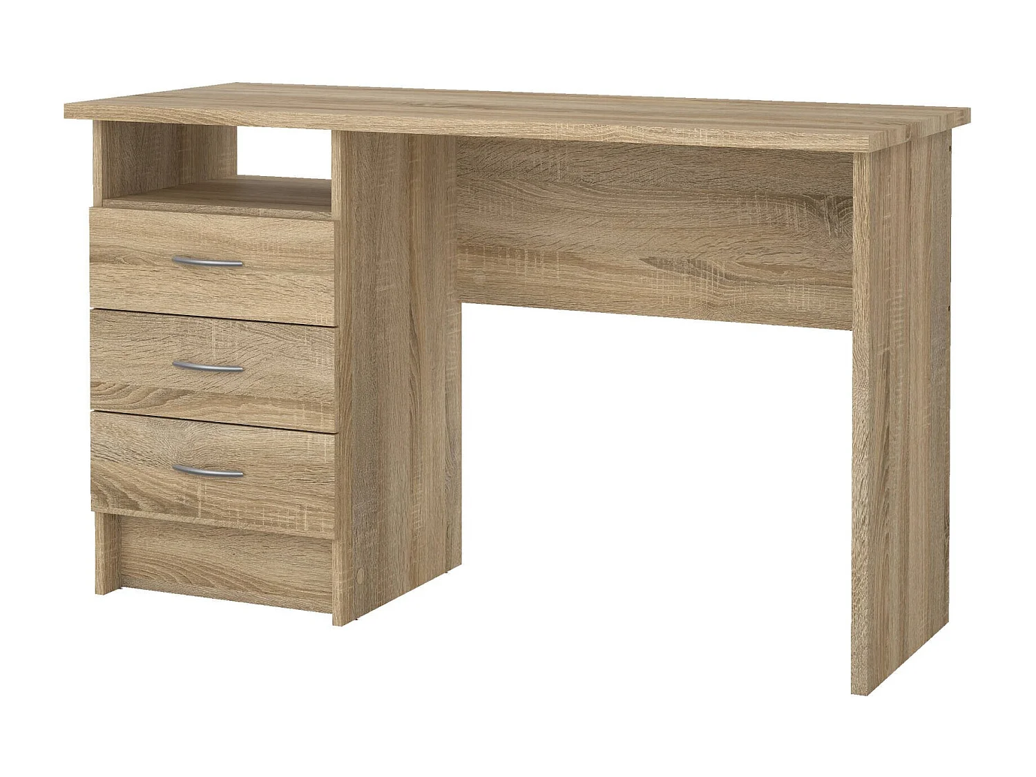 Bureau linéaire à trois tiroirs, couleur chêne, Dimensions 120 x 72 x 48 cm