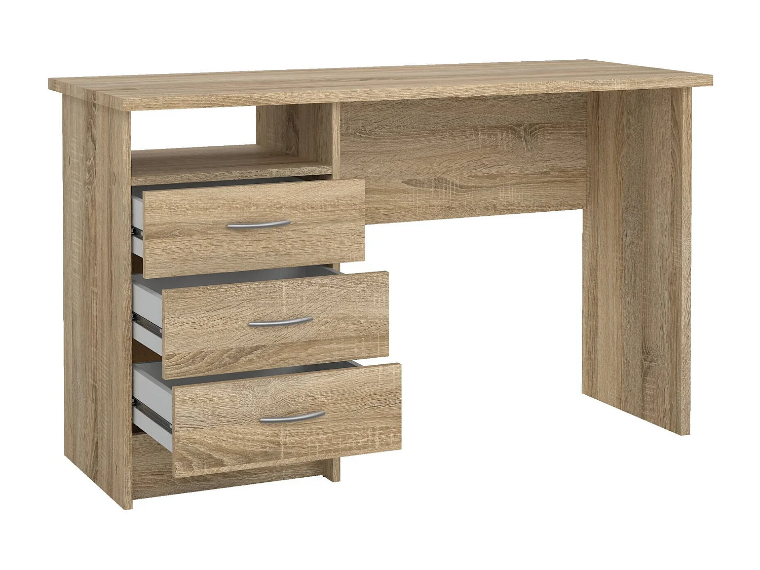 Bureau linéaire à trois tiroirs, couleur chêne, Dimensions 120 x 72 x 48 cm