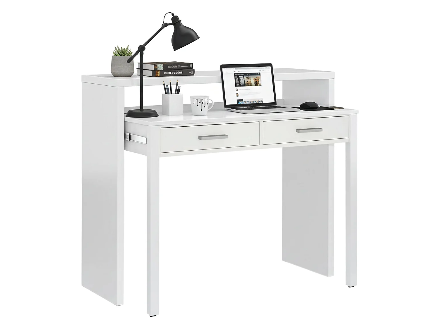 Bureau Billings, Bureau avec plateau extensible, Bureau PC avec 2 tiroirs, 99x36h88 cm, Blanc