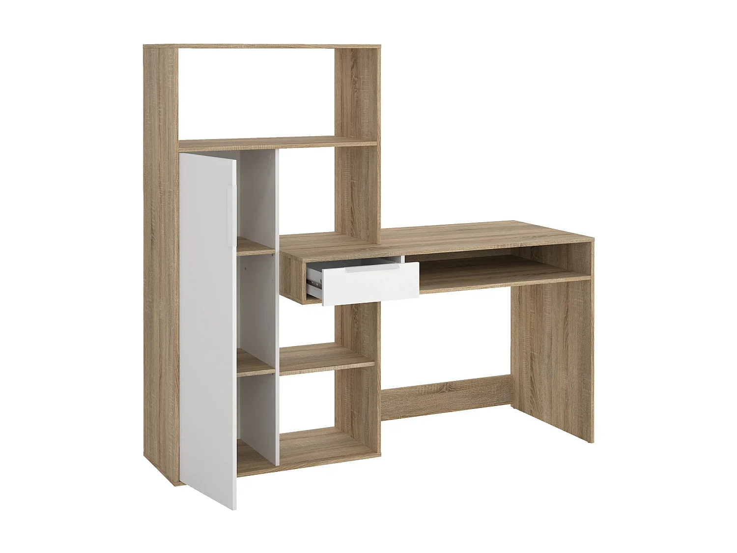 Bureau multifonction avec bibliothèque, tiroir et porte, coloris blanc et chêne, 162 x 155 x 60 cm