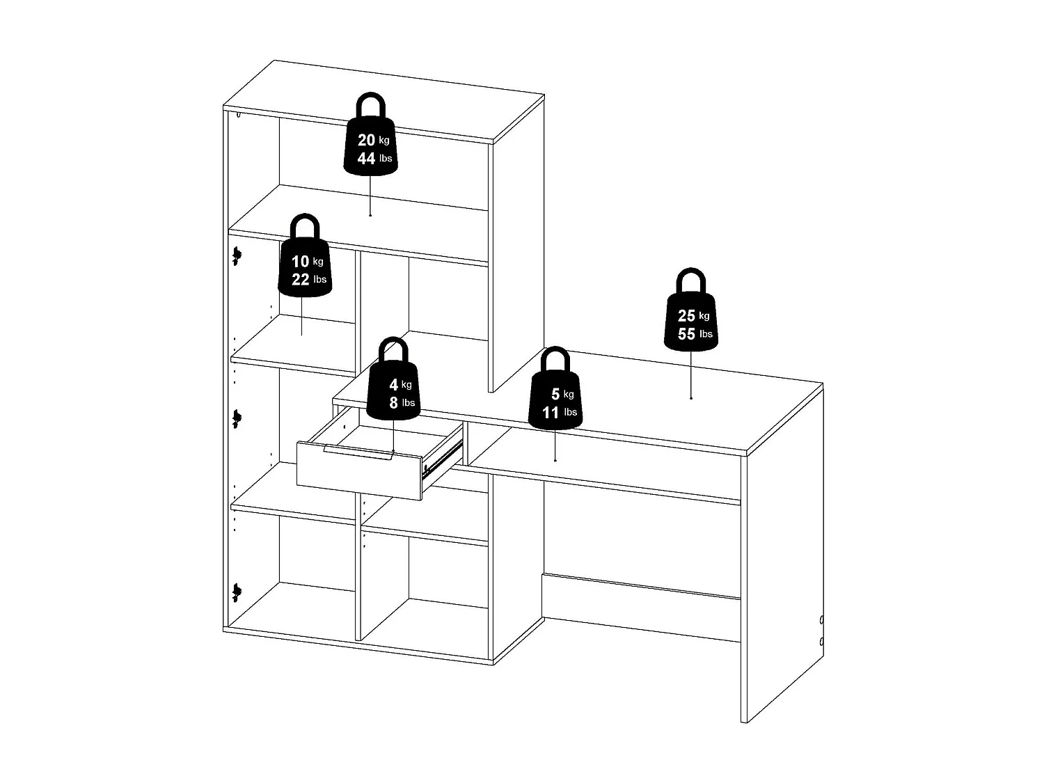 Multifunktionsschreibtisch mit Bücherregal, Schublade und Tür, Farbe WeiÃŸ und Eiche, 162 x 155 x 60 cm