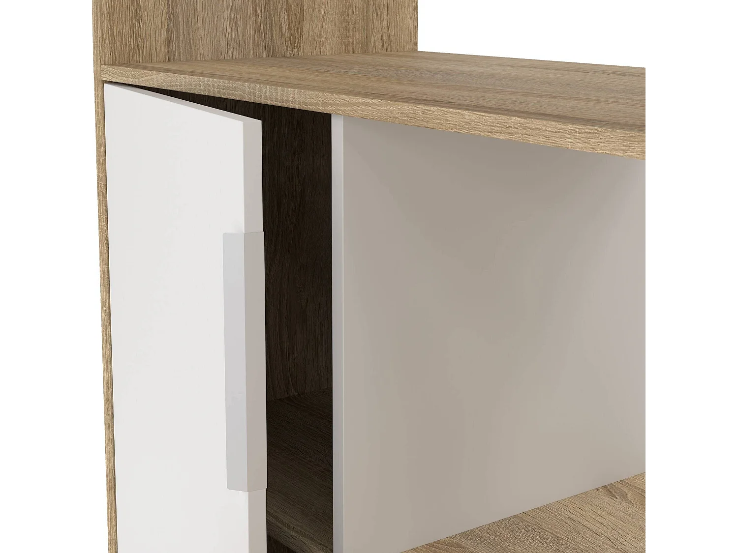 Multifunctioneel bureau met boekenkast, lade en deur, wit en eikenkleur, 162 x 155 x 60 cm