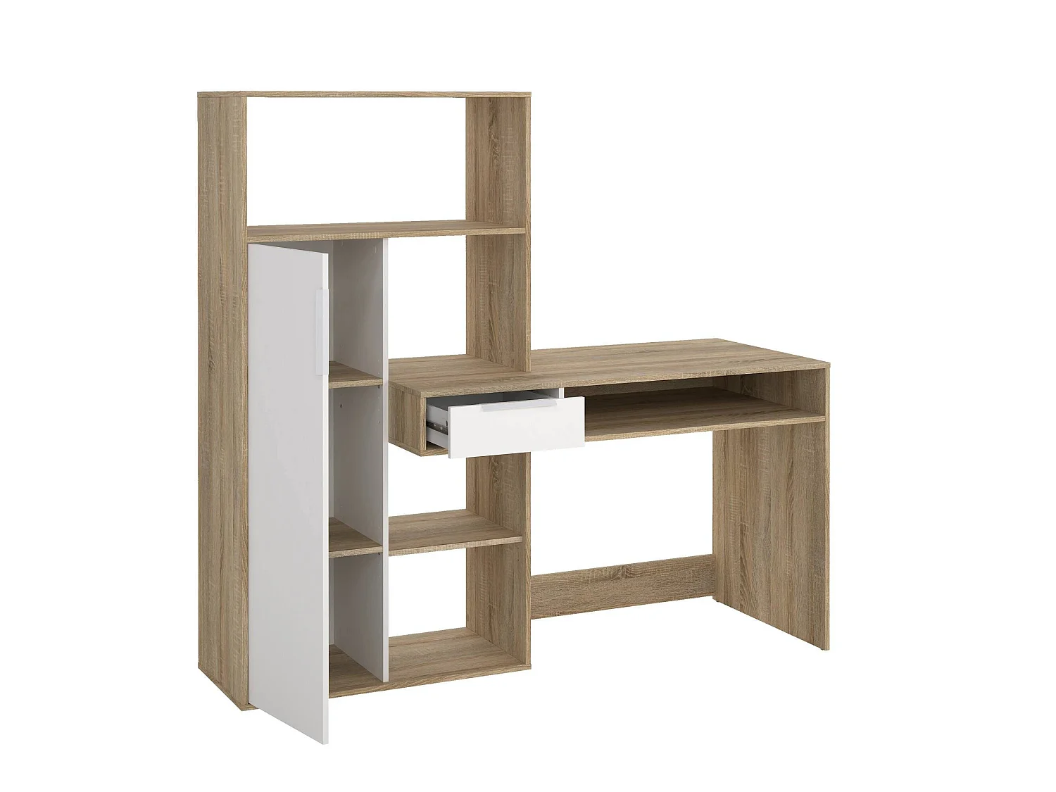 Multifunctioneel bureau met boekenkast, lade en deur, wit en eikenkleur, 162 x 155 x 60 cm