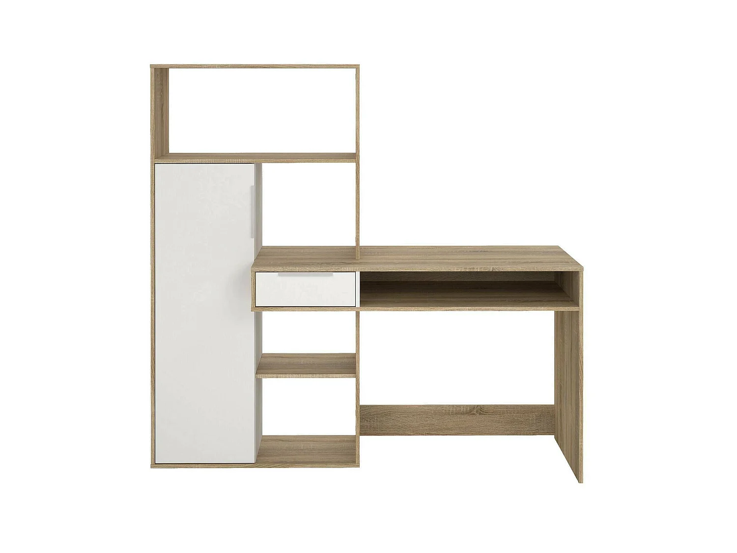 Multifunctioneel bureau met boekenkast, lade en deur, wit en eikenkleur, 162 x 155 x 60 cm