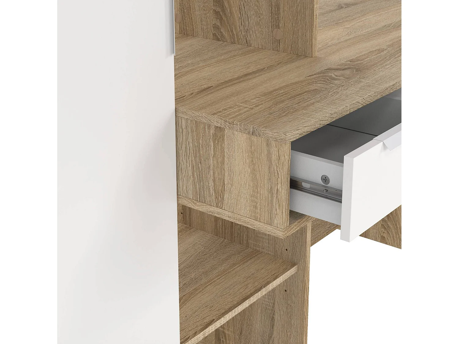 Multifunctioneel bureau met boekenkast, lade en deur, wit en eikenkleur, 162 x 155 x 60 cm