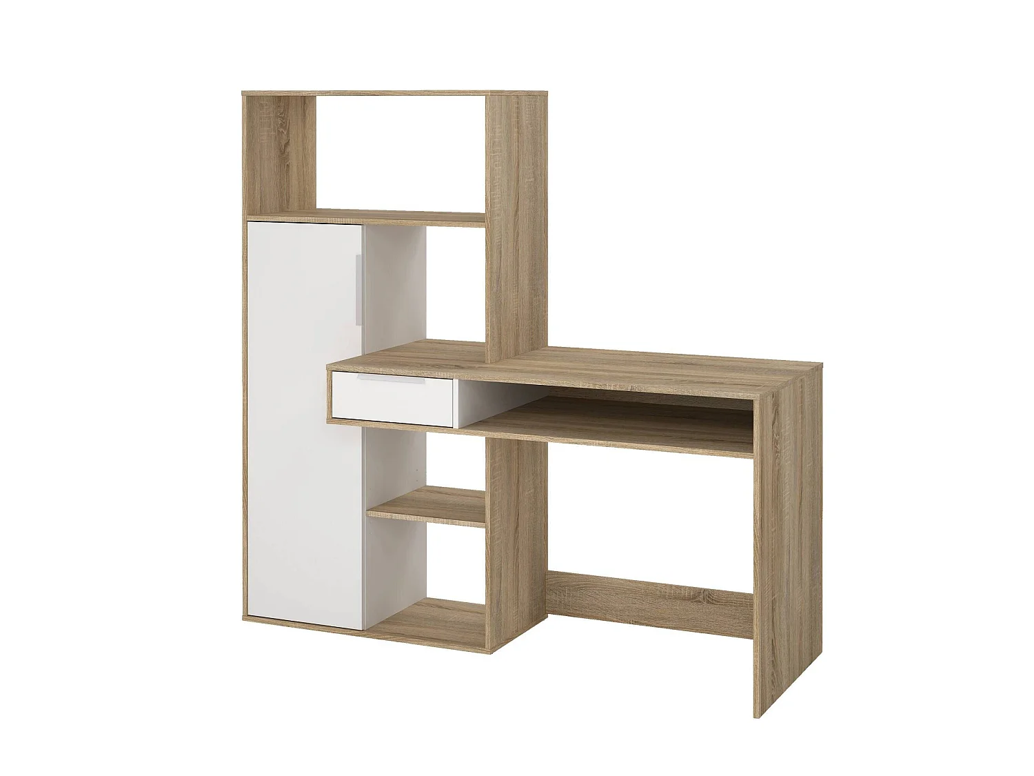 Multifunctioneel bureau met boekenkast, lade en deur, wit en eikenkleur, 162 x 155 x 60 cm