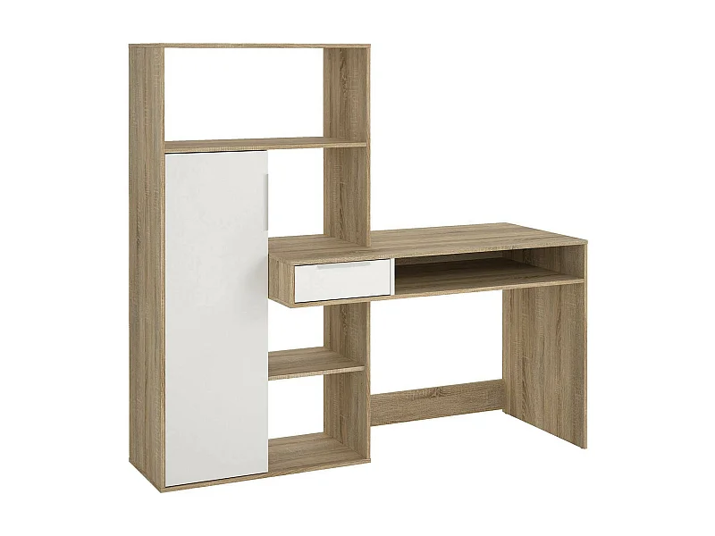 Secretária multifuncional com estante, gaveta e porta, cor branco e carvalho, 162 x 155 x 60 cm