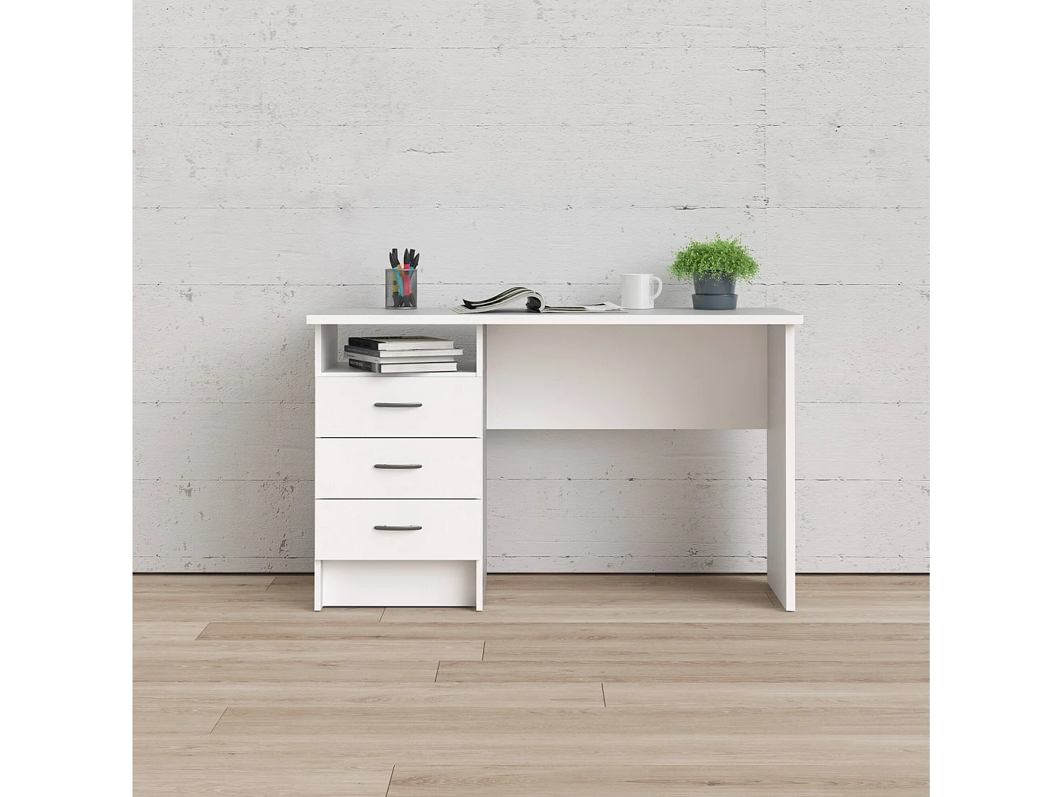 Bureau linéaire avec trois tiroirs, couleur blanche, Dimensions 120 x 72 x 48 cm