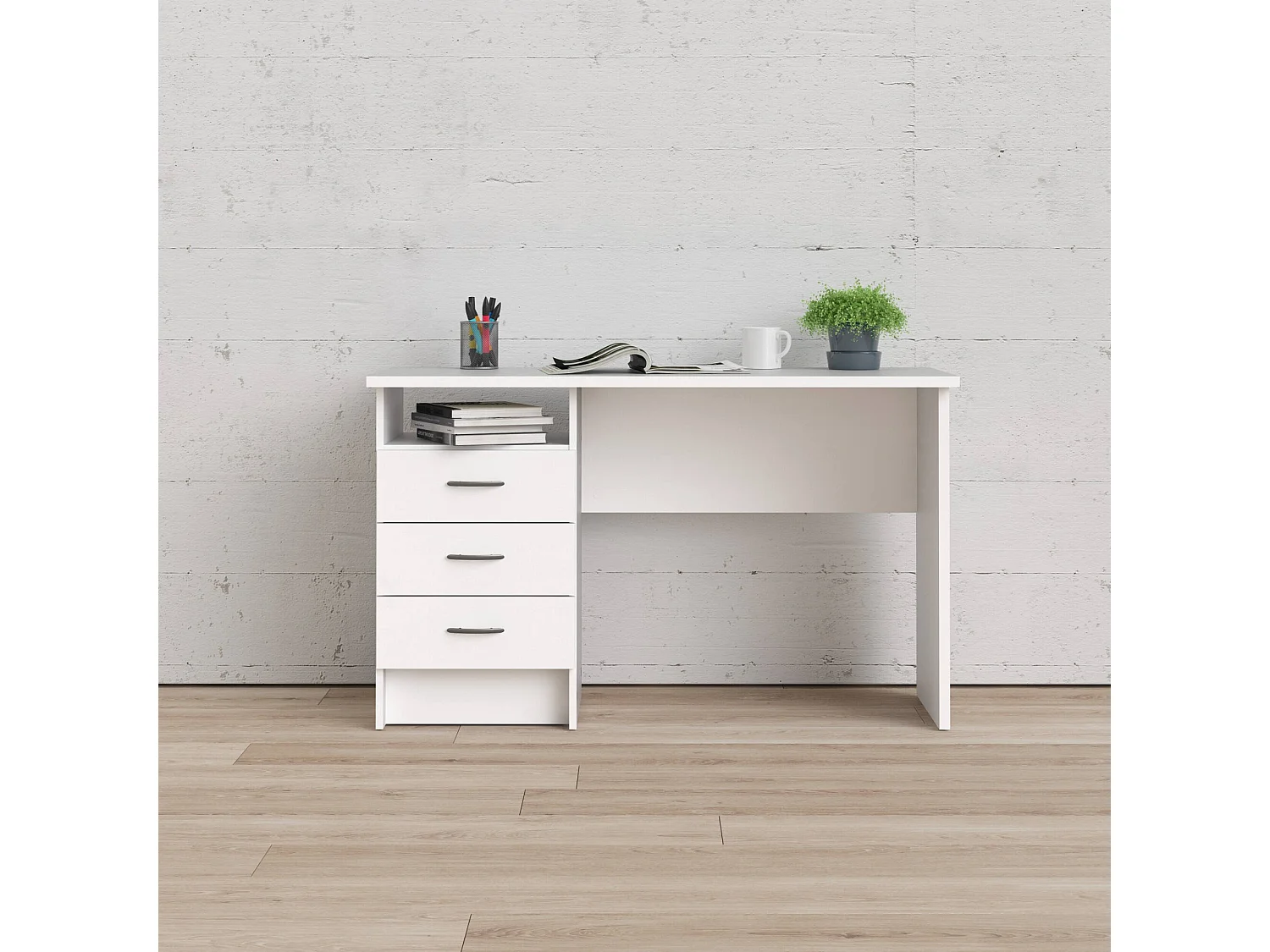 Bureau linéaire avec trois tiroirs, couleur blanche, Dimensions 120 x 72 x 48 cm