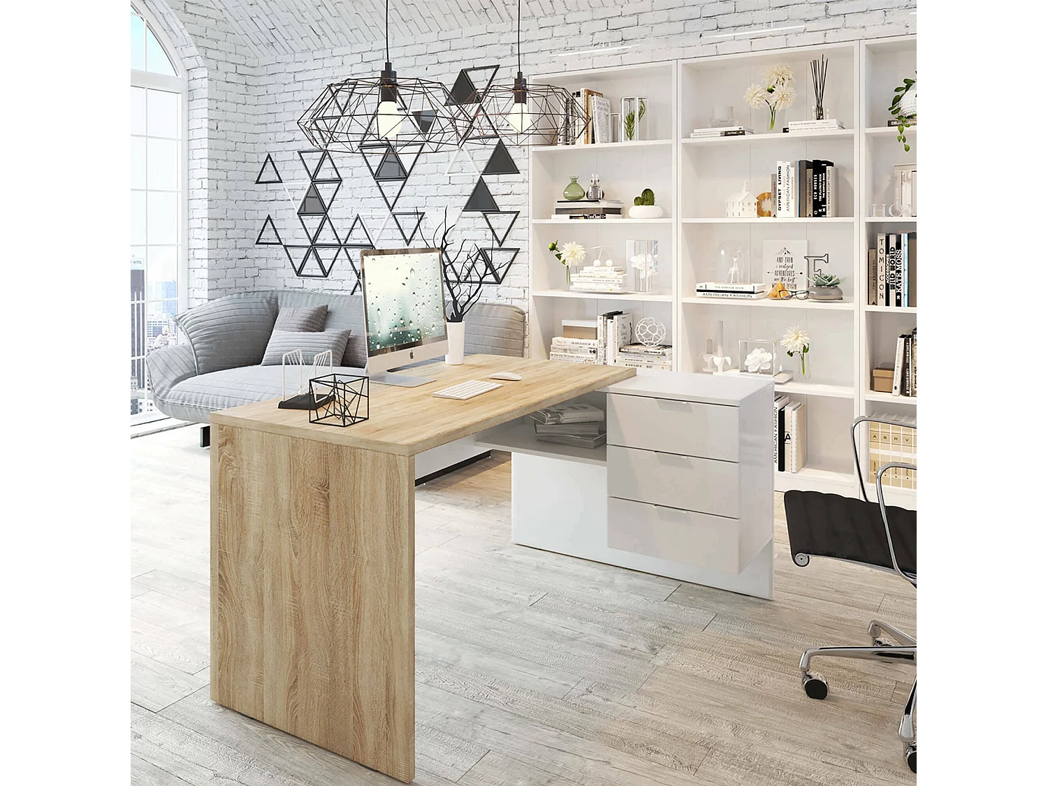 Bureau Greensboro, Bureau réversible multifonctionnel avec tiroirs, Bureau d'angle avec support PC ou table de bureau, 145x108h73 cm, Chêne et Blanc