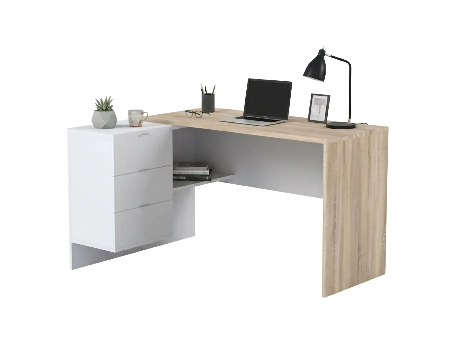 Bureau Greensboro, Bureau réversible multifonctionnel avec tiroirs, Bureau d'angle avec support PC ou table de bureau, 145x108h73 cm, Chêne et Blanc