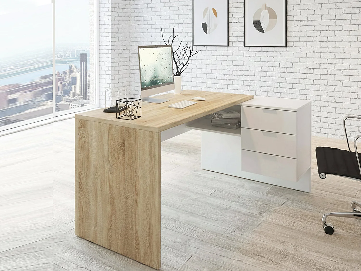 Bureau Greensboro, Bureau réversible multifonctionnel avec tiroirs, Bureau d'angle avec support PC ou table de bureau, 145x108h73 cm, Chêne et Blanc