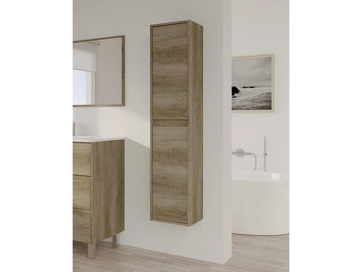 Colonne de salle de bain Salinas, Armoire colonne de salle de bain avec 2 portes, Armoire murale suspendue, Armoire polyvalente moderne, 30x26h140 cm, Chêne