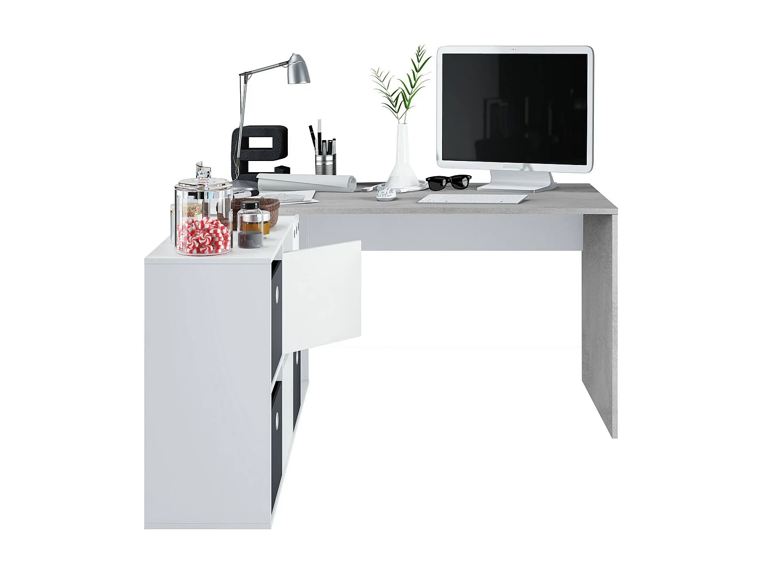 Bureau Dmorlup, Bureau multi-positions réversible multifonction, Table d'étude ou de bureau pour PC avec étagère, 136x139h74 cm, Blanc et Ciment