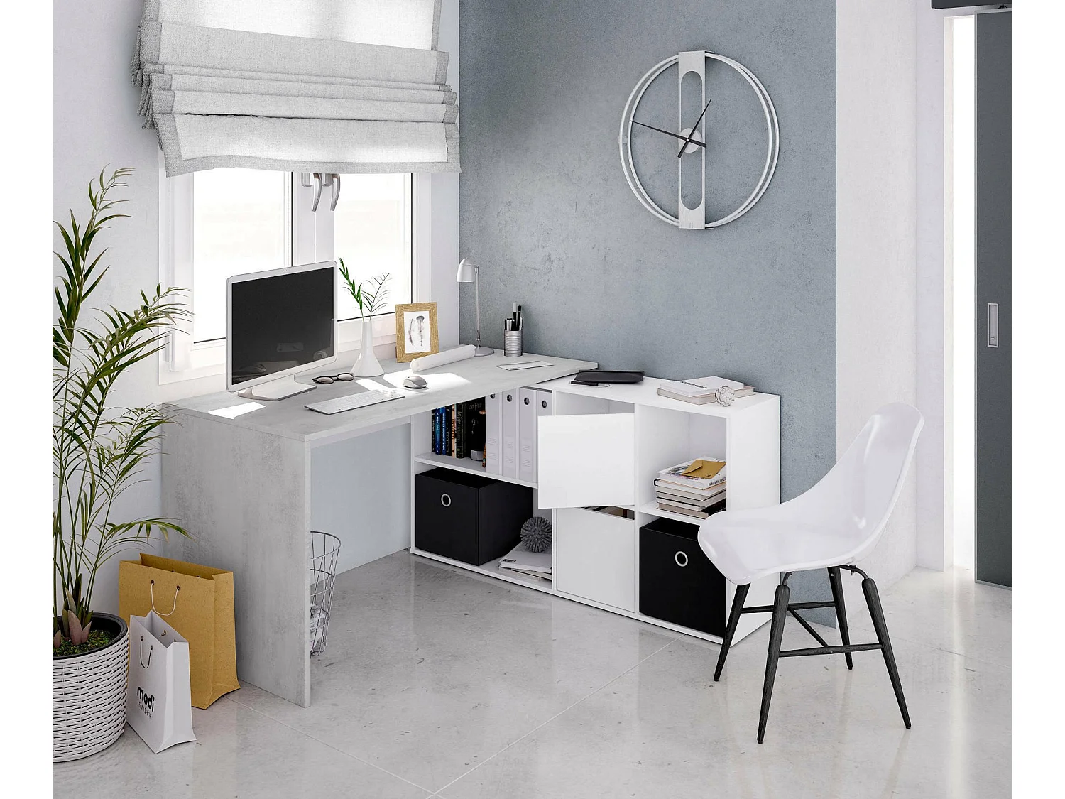 Dmorlup Bureau, multifunctioneel omkeerbaar bureau met meerdere posities, studeer- of kantoortafel voor pc met plank, 136x139h74 cm, wit en cement