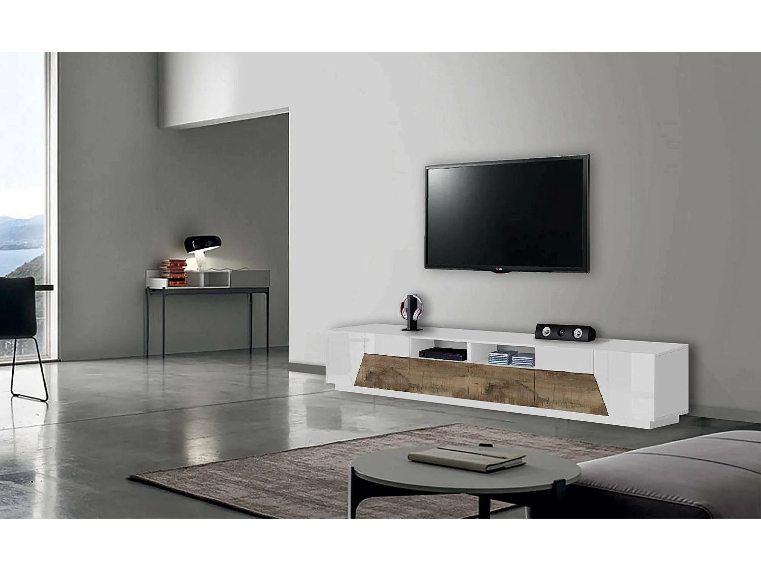 Meuble TV Dfagiol, Buffet bas de salon avec 4 portes, Base pour meuble TV, 100% Made in Italy, 260x43h46 cm, Blanc brillant et érable