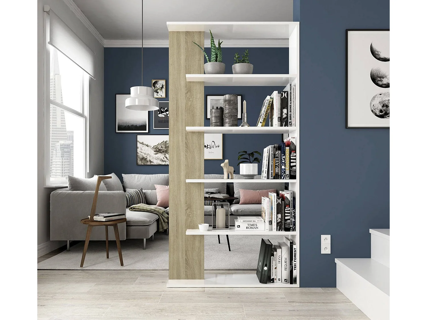 Bibliothèque Columbia, Bibliothèque double face avec 5 étagères, Etagère de séparation pour bureau ou chambre, 90x25h180 cm, Blanc et Chêne