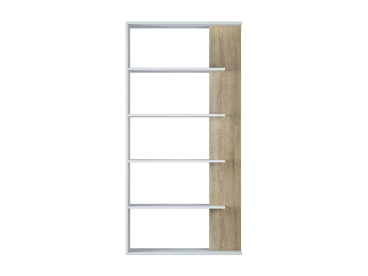 Libreria Columbia, Mobile portalibri bifacciale a 5 ripiani, Scaffale divisorio da ufficio o cameretta, 90x25h180 cm, Bianco e Rovere