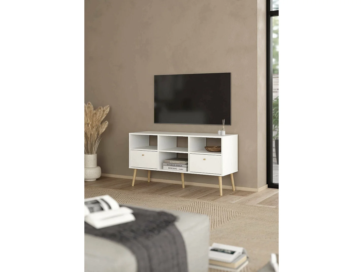 Meuble TV Dtoedtl, Buffet de salon, Armoire basse pour TV, Base murale de rangement, 117x39 h61 cm, Blanc