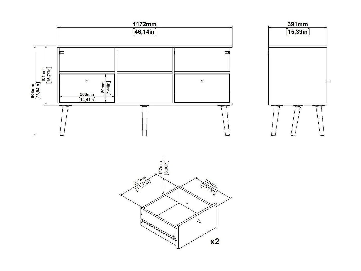 Meuble TV Dtoedtl, Buffet de salon, Armoire basse pour TV, Base murale de rangement, 117x39 h61 cm, Blanc