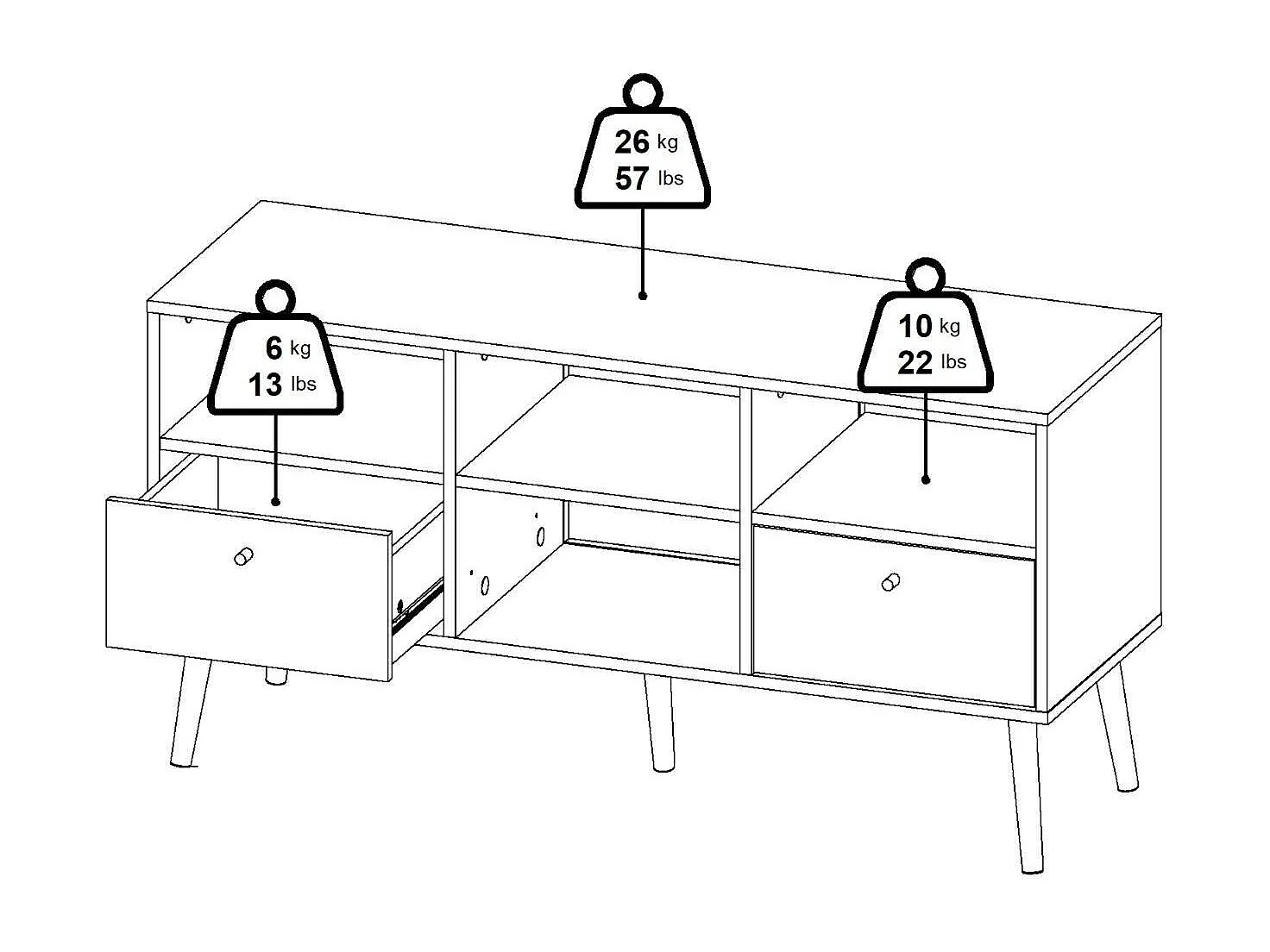 Meuble TV Dtoedtl, Buffet de salon, Armoire basse pour TV, Base murale de rangement, 117x39 h61 cm, Blanc