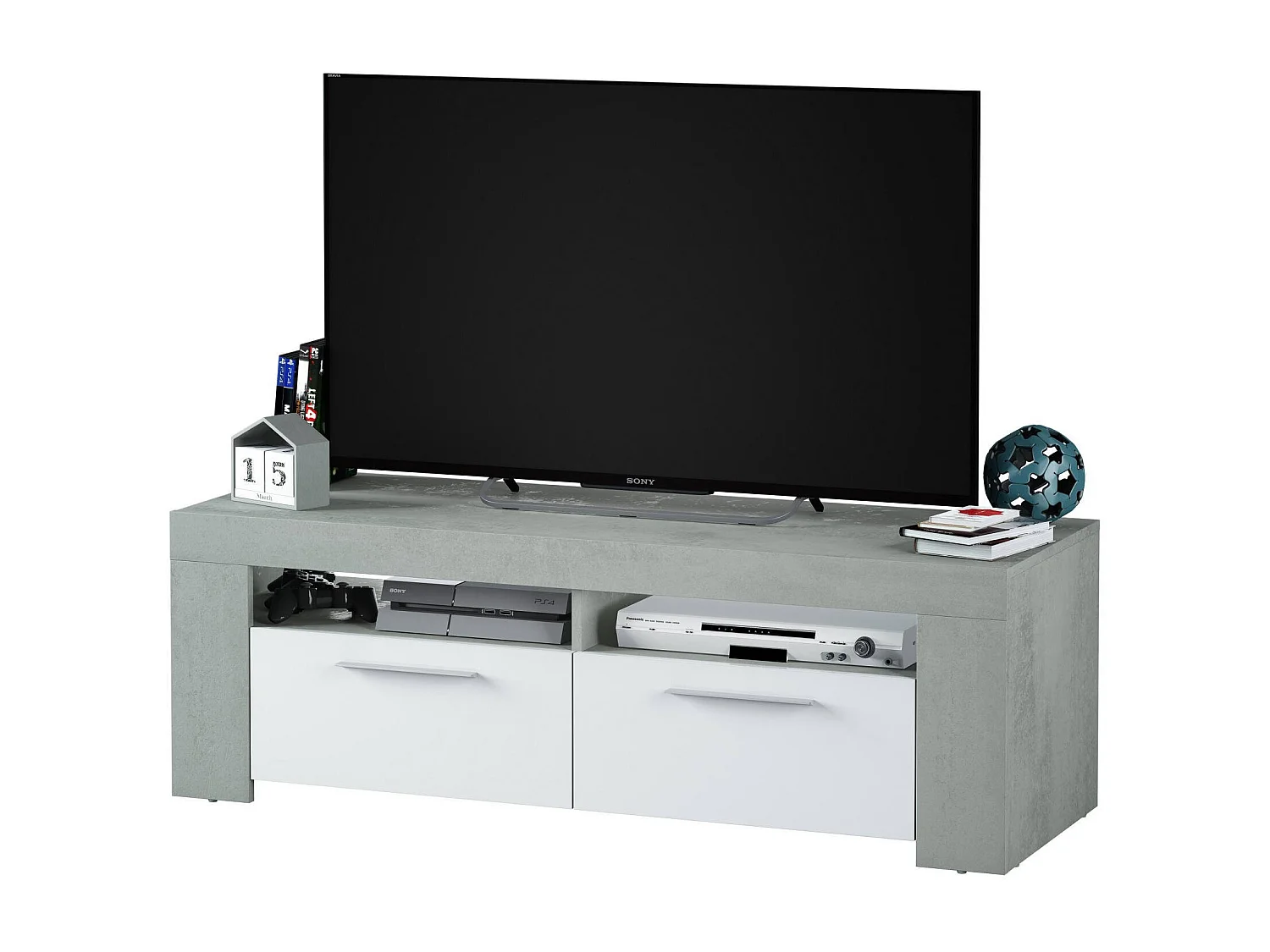 Stamford Mueble TV, Aparador para televisión de salón, Mueble TV 2 puertas, Aparador bajo para salón, 120x42h40 cm, Blanco y Cemento