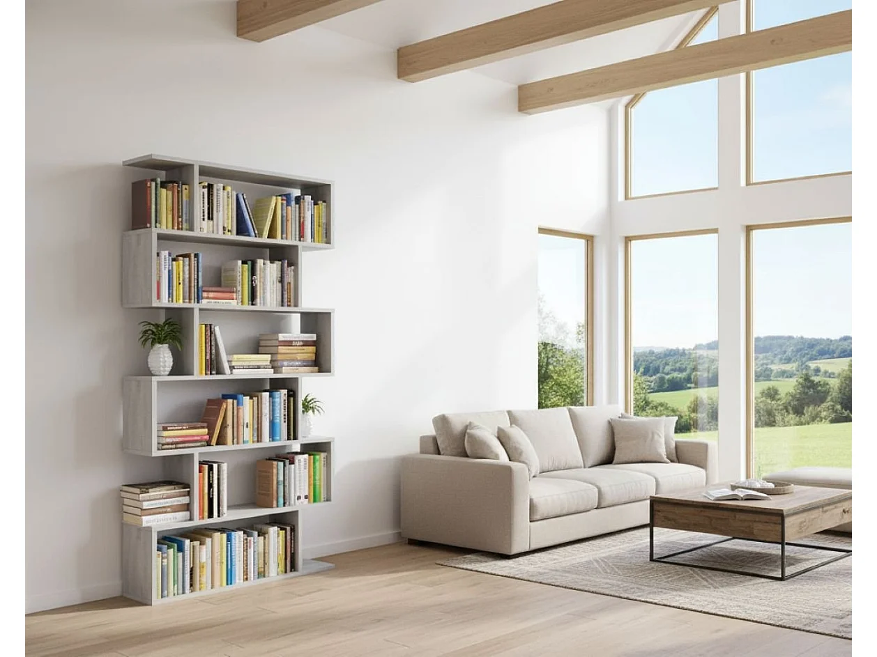 Bibliothèque Joliet, Bibliothèque haute double face, Etagère de séparation avec 5 étagères, Etagère de bureau moderne, 80x24h192 cm, Gris béton