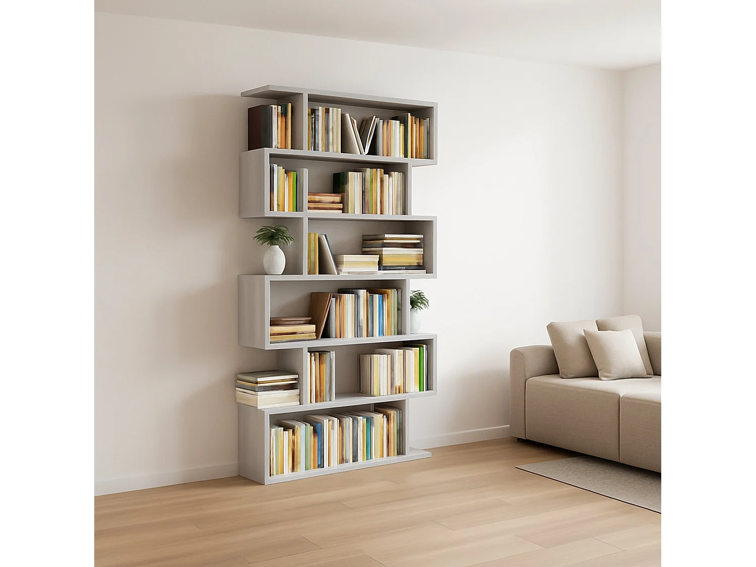 Libreria Joliet, Mobile portalibri alta bifacciale, Scaffale divisorio con 5 ripiani, Scaffale da ufficio moderno, 80x24h192 cm, Grigio cemento