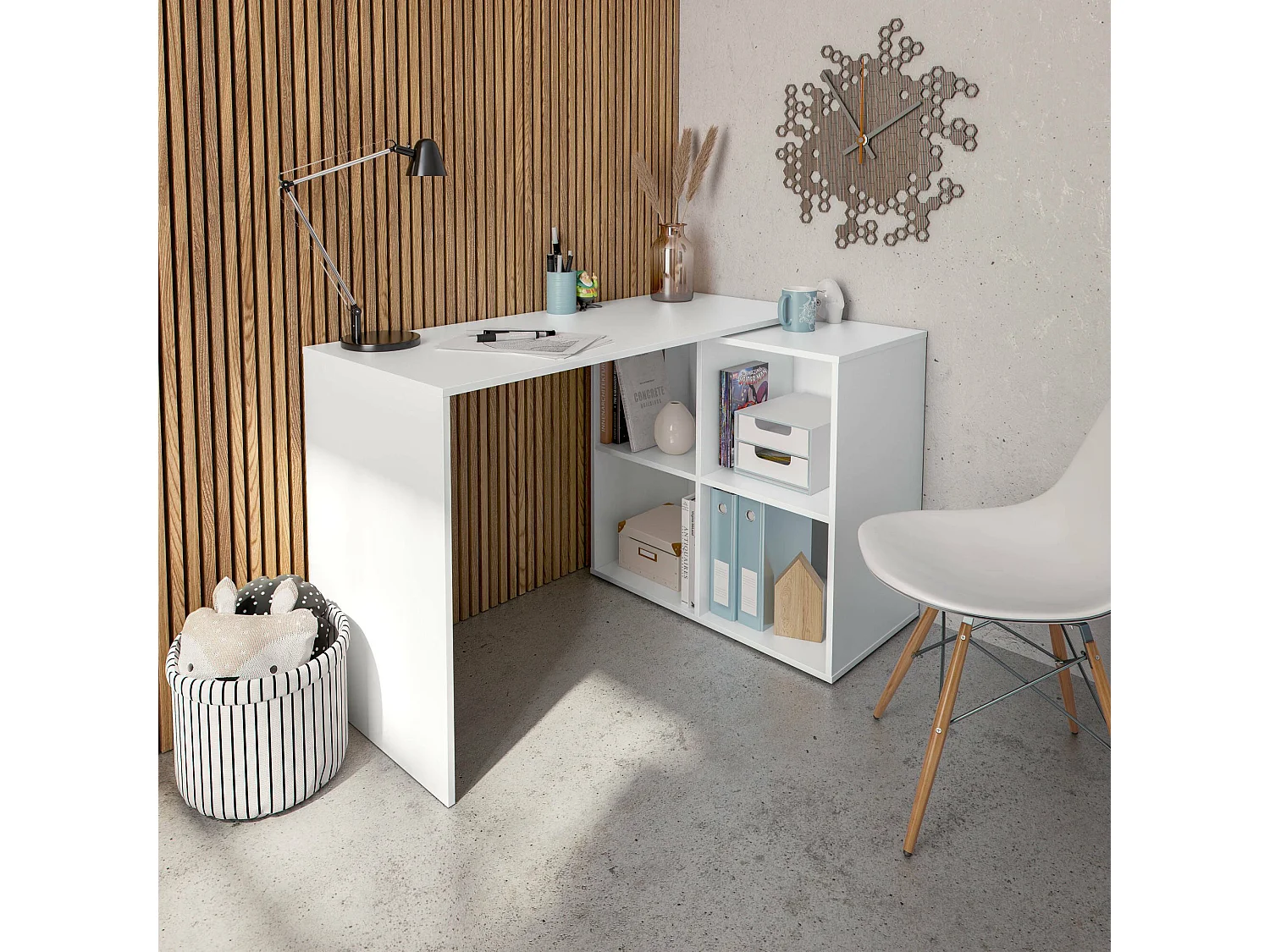 Dmora Scrivania Revere 49x152x74h cm Bianco 4 Ripiani Angolare, Modulabile