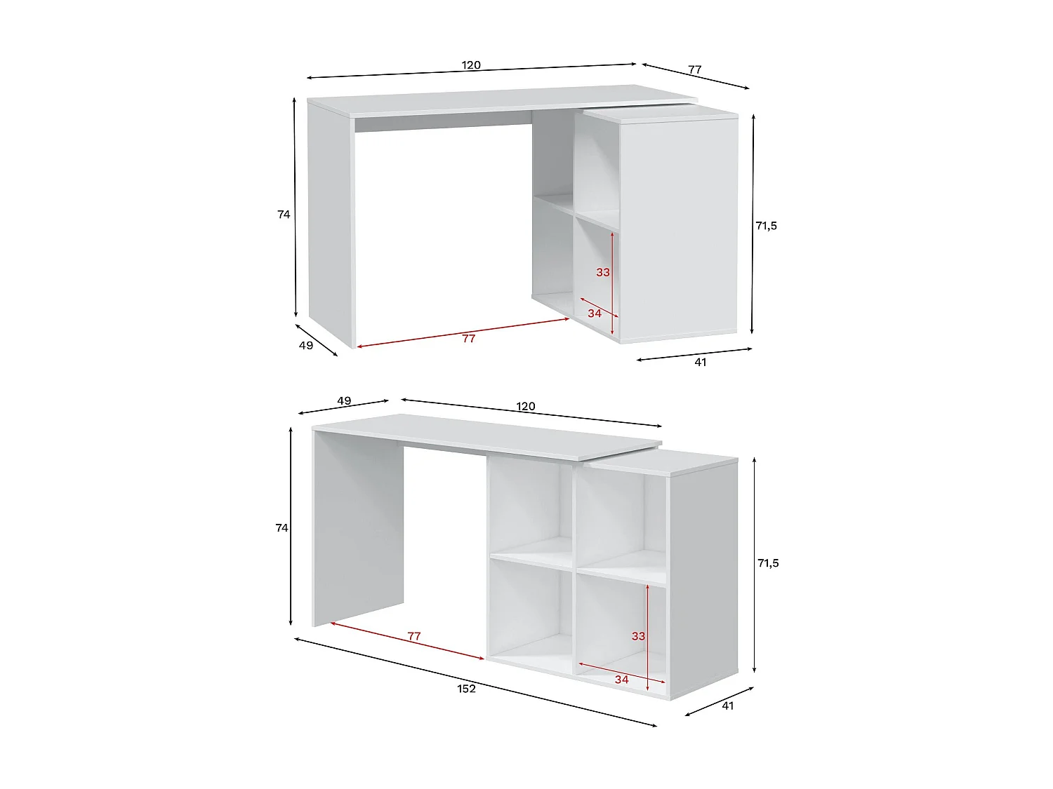 Dmora Scrivania Revere 49x152x74h cm Bianco 4 Ripiani Angolare, Modulabile