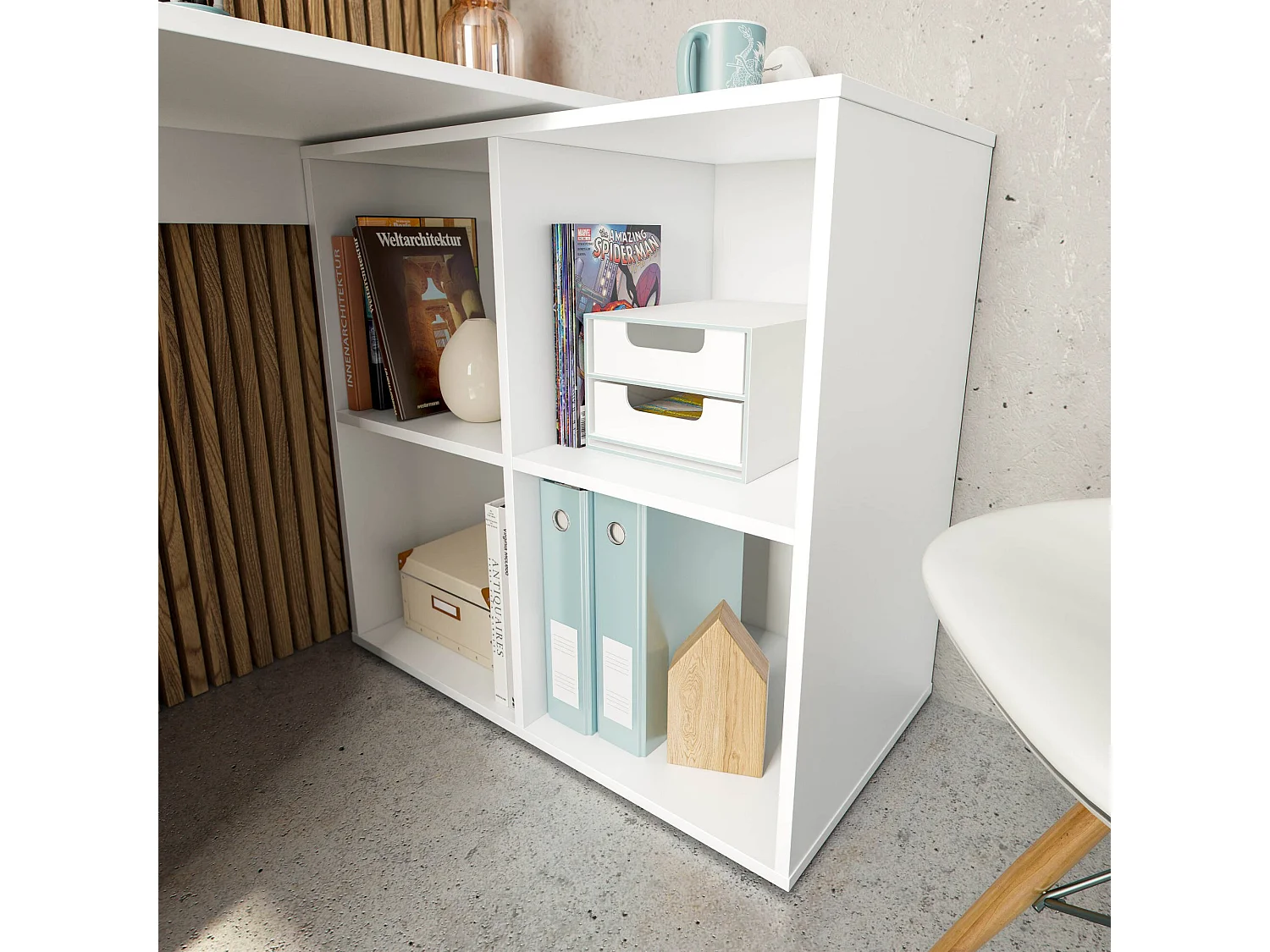 Dmora Scrivania Revere 49x152x74h cm Bianco 4 Ripiani Angolare, Modulabile