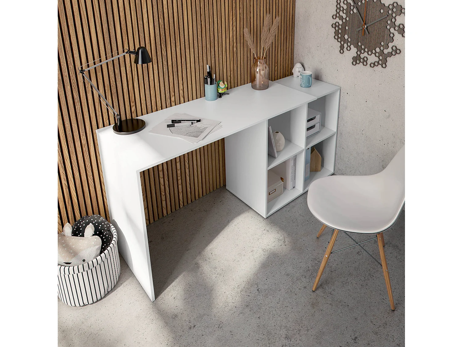 Dmora Scrivania Revere 49x152x74h cm Bianco 4 Ripiani Angolare, Modulabile
