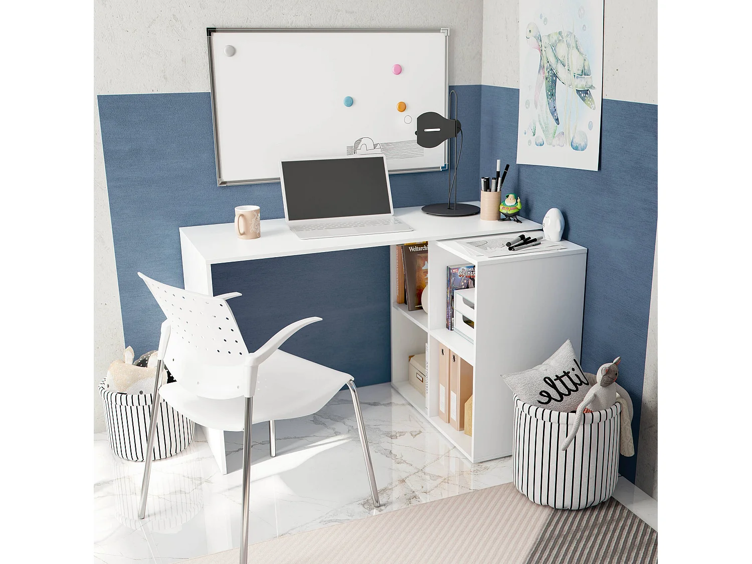 Dmora Scrivania Revere 49x152x74h cm Bianco 4 Ripiani Angolare, Modulabile