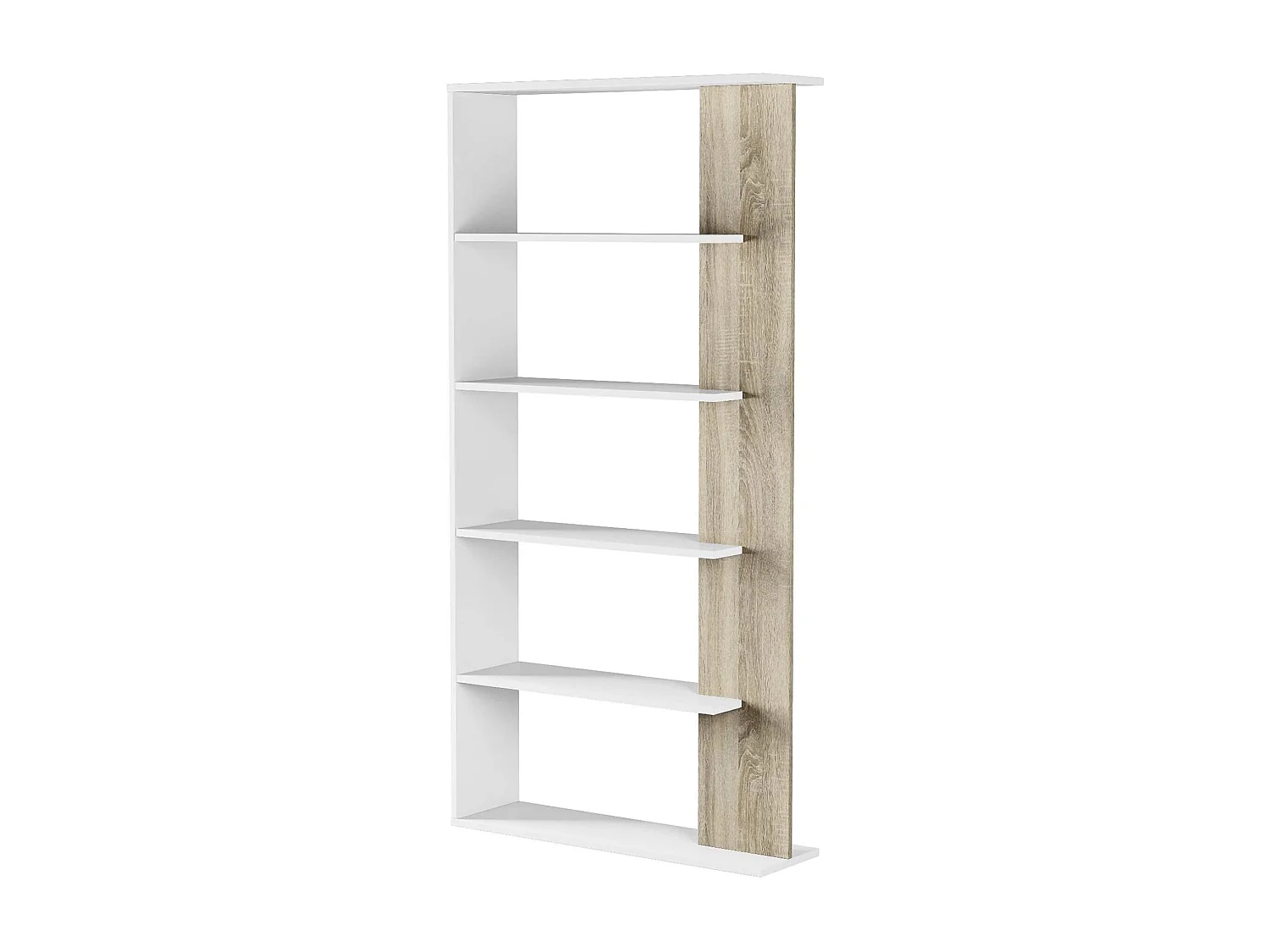 Estantería Eolo, 4 estantes, 90x25x180h cm blanco, biblioteca, instalación libre, degradado color estructura roble