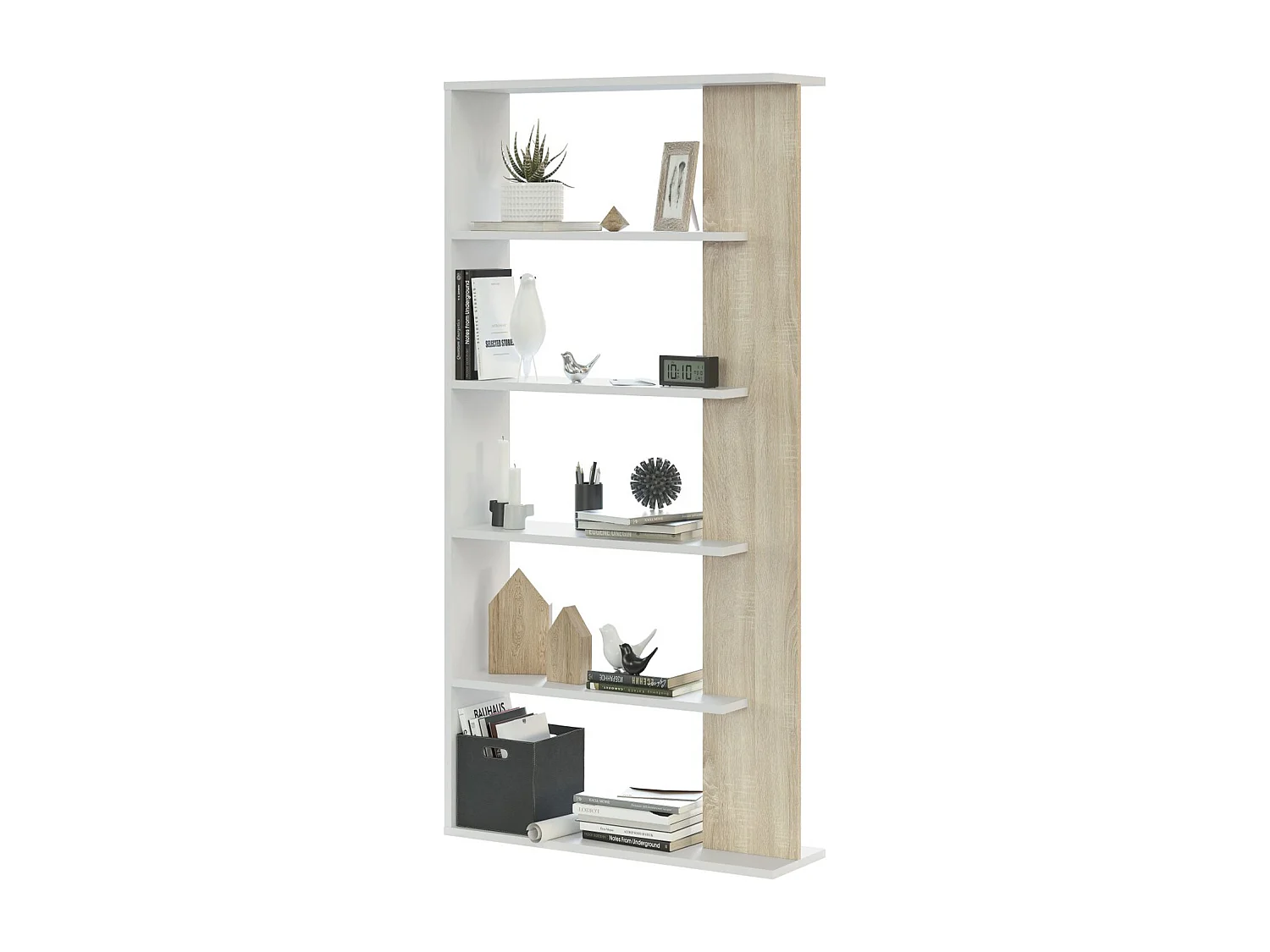 Estantería Eolo, 4 estantes, 90x25x180h cm blanco, biblioteca, instalación libre, degradado color estructura roble