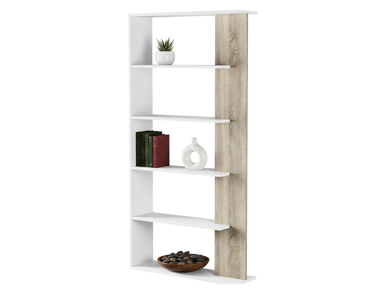 Estante Dblanc, Estante dupla face com 5 prateleiras, Prateleira divisória para escritório ou quarto, 90x25h180 cm, Branco e Carvalho