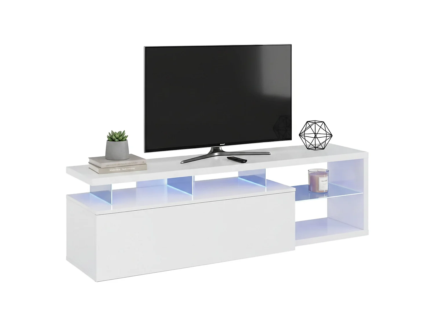 Pittsburgh Mueble TV, Buffet de salón, Aparador para televisión de salón con 1 puerta, Mueble TV con luz LED, 150x41h50 cm, Blanco brillo