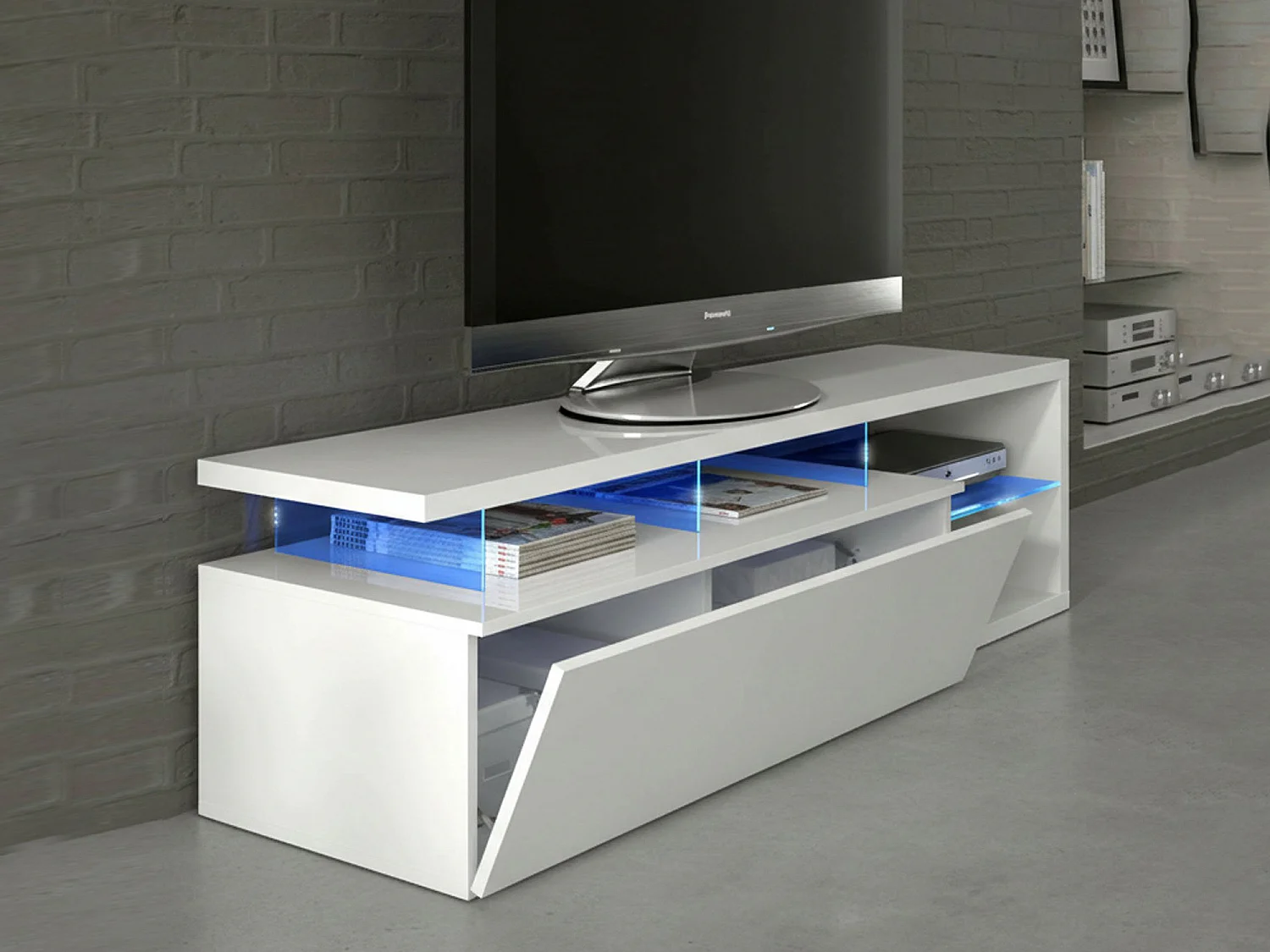 Pittsburgh Mueble TV, Buffet de salón, Aparador para televisión de salón con 1 puerta, Mueble TV con luz LED, 150x41h50 cm, Blanco brillo