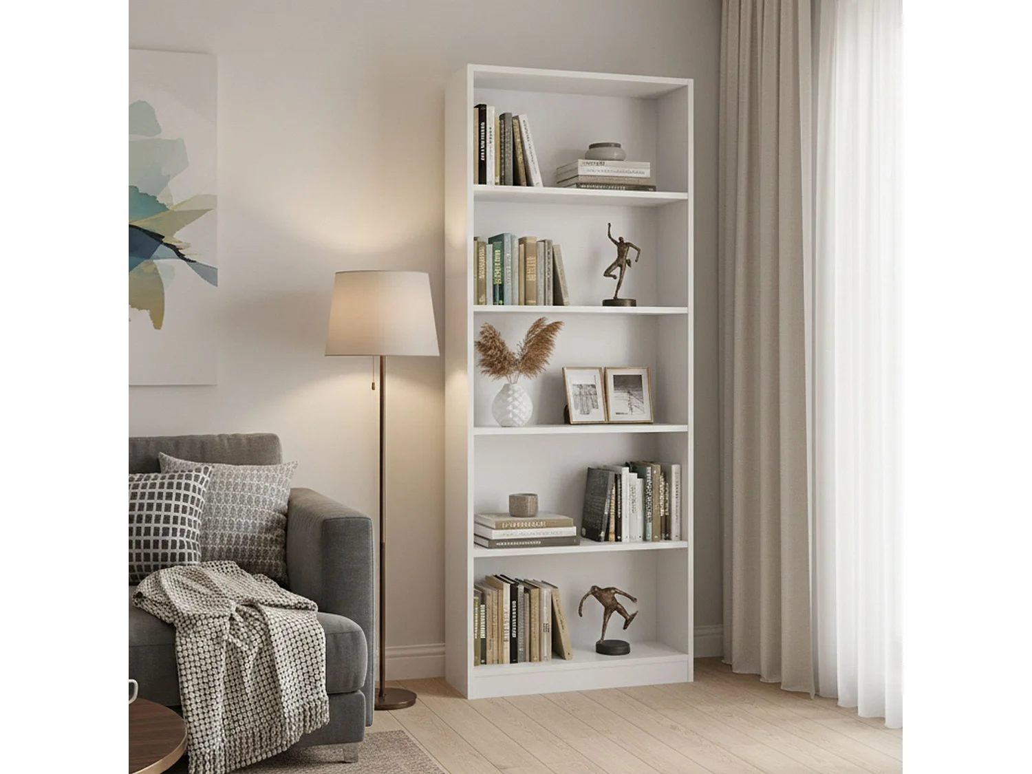 Dangell boekenkast, Lineaire boekenkast met 4 planken, Kantoor- of slaapkamerplank, Moderne boekenkast, 80x28h201 cm, Wit