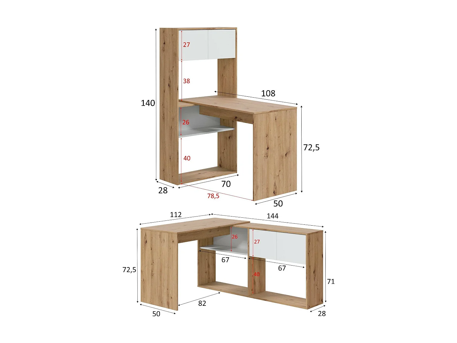 Bureau Dmangn, Bureau d'angle réversible multifonctionnel avec bibliothèque, Table d'étude ou de bureau multi-positions, 108x70h140 cm, Chêne blanc et noué